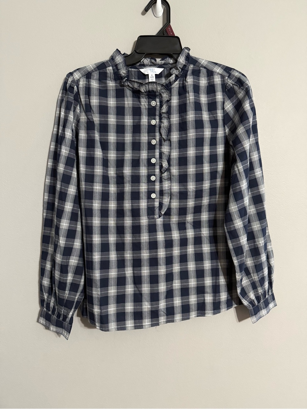 Time and Tru Women’s Blue White Plaid Ruffle Front Button Down Blouse Small
